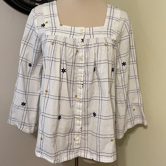 Madewell Embroidered Floral Windowpane Square Neck Cotton top XS - Picture 1 of 6